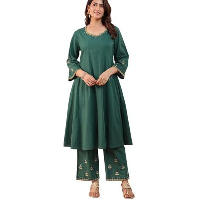 Tavasya Womens Embroidered Solid Green Kurta Set