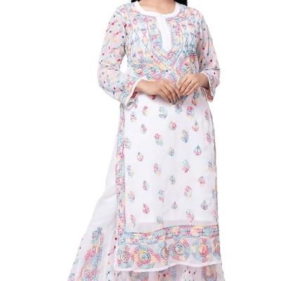 Women's Georgette Lucknowi Handicrafted Chikan Heavy Embroidery Kurta Sharara Set with Slip